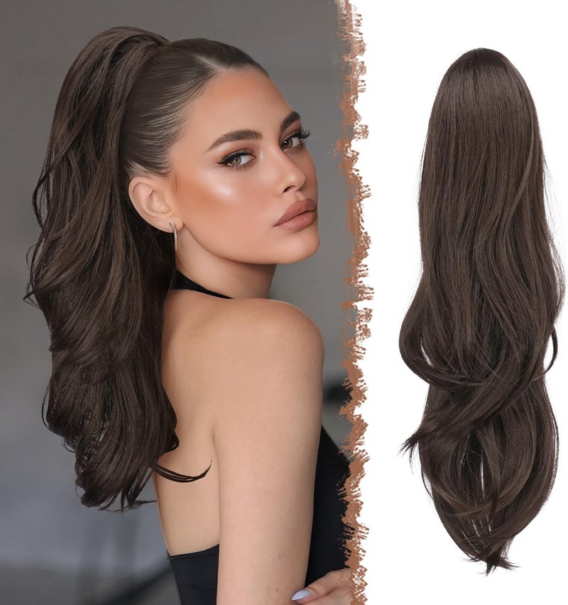 إكستنشن ذيل الحصان FESHFEN بخيوط قابلة للسحب، طبيعي، طويل، مموج، متعدد الطبقات، شعر صناعي، بني داكن، إكستنشن شعر للنساء، 20 بوصة