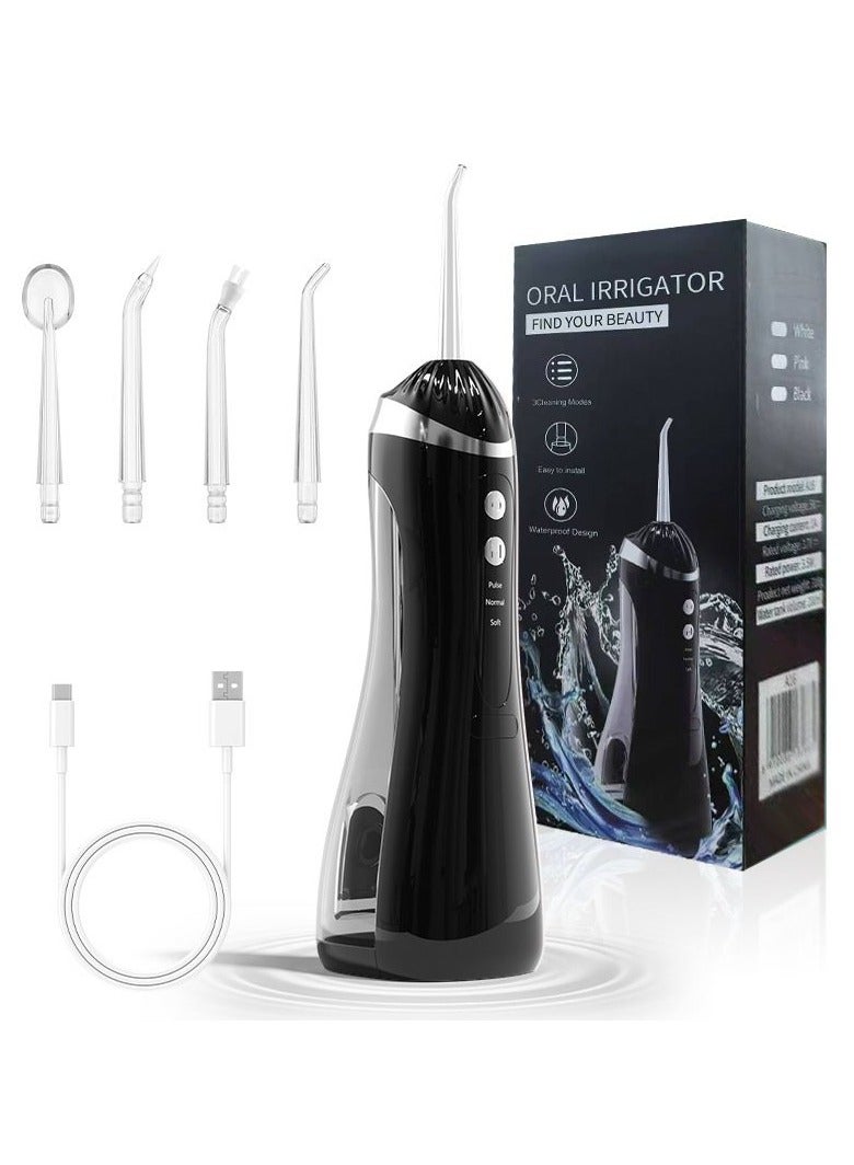 جهاز تنظيف الأسنان بالماء الكهربائي - جهاز تنظيف فموي منزلي محمول بثلاثة أوضاع وأربع فوهات (أسود) - Image 1
