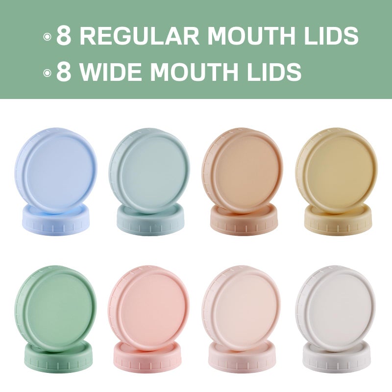 WeiShi 16PCS Colored Plastic Mason Jar Lids With Silicone Rings (8 Wide Mouth & 8 Regular Mouth) for Ball, Kerr and More, Food Grade & Leak-proof, 86mm & 70mm Canning Tops - Image 3