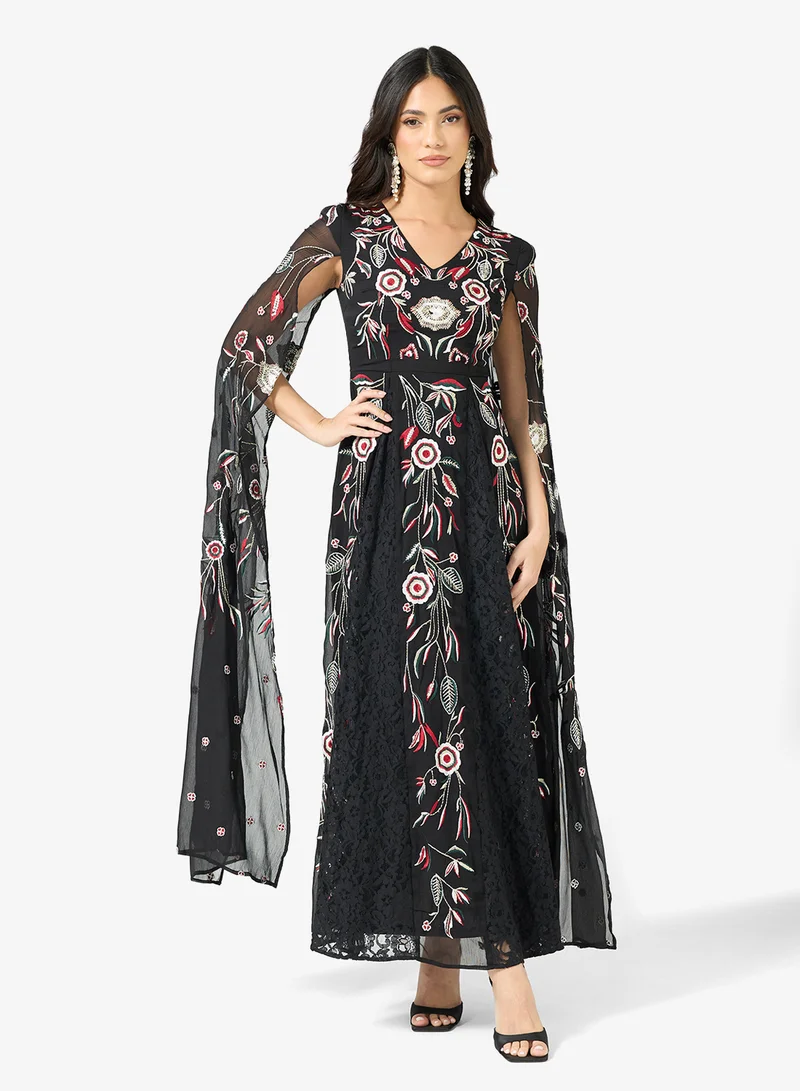 Frock and Frill Embroidered Cape Sleeve Maxi Dress
