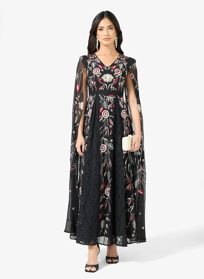 Frock And Frill  Embroidered Cape Sleeve Maxi Dress for Women | Best Price UAE
