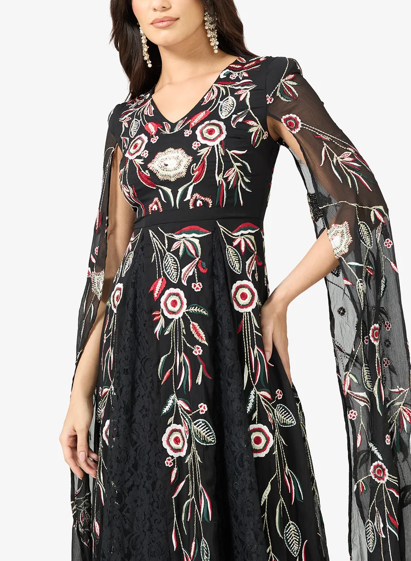 Frock And Frill  Embroidered Cape Sleeve Maxi Dress for Women | Best Price UAE