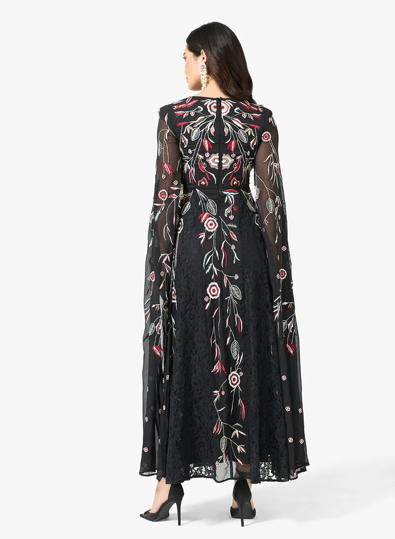 Frock and Frill Embroidered Cape Sleeve Maxi Dress