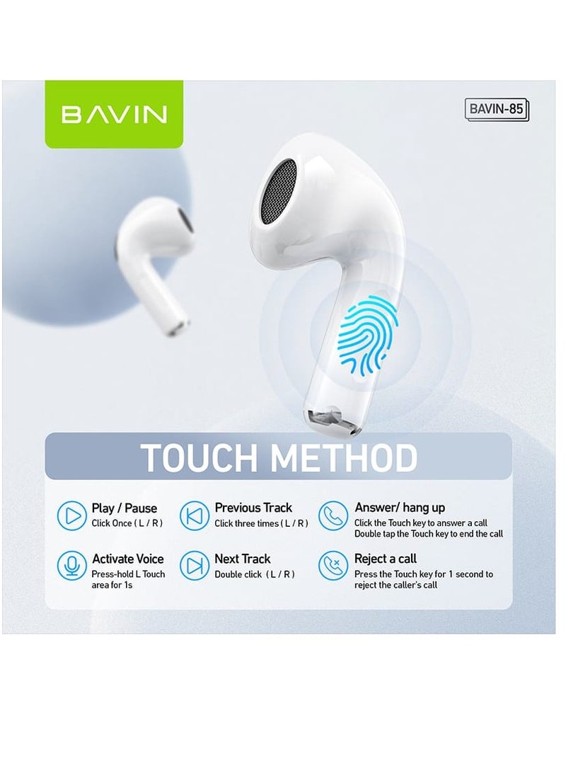 Bavin BA-85 TWS Hi-Fi Wireless Earbuds Compact Design Low Latency Smart Touch & Long Battery Life  - Image 2