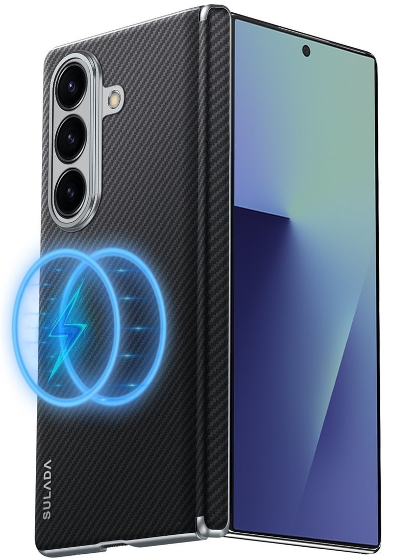 SULADA Magnetic Leather for Samsung Galaxy Z Fold 7 Case, Carbon Fiber Texture, Hinge Cover Camera Protection, Black - Image 1