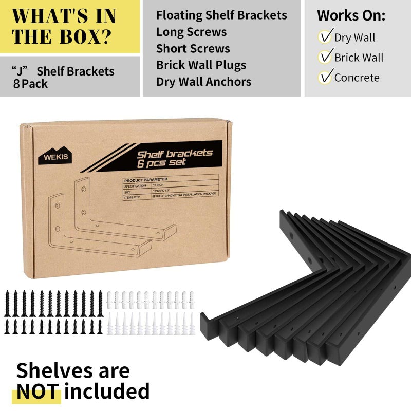 WEKIS Shelf Brackets 12 Inch, Strong Heavy Duty Floating Shelf Brackets Pack of 8, Industrial Metal Iron Matte Black Shelving Brackets 1/5 Inch Thick Brackets for Shelves 8 PCS - Image 2