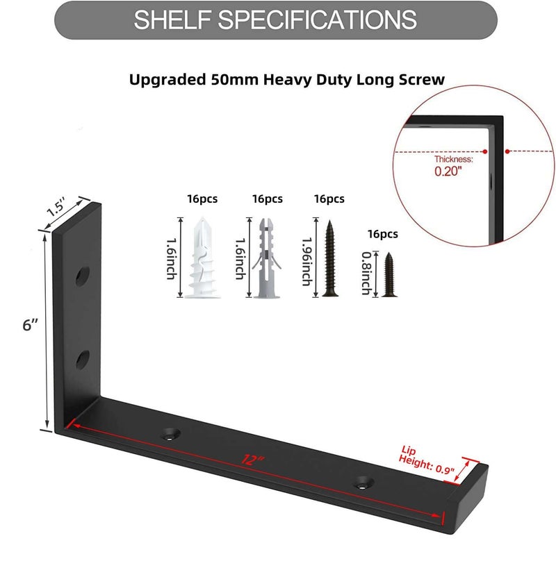 WEKIS Shelf Brackets 12 Inch, Strong Heavy Duty Floating Shelf Brackets Pack of 8, Industrial Metal Iron Matte Black Shelving Brackets 1/5 Inch Thick Brackets for Shelves 8 PCS - Image 3