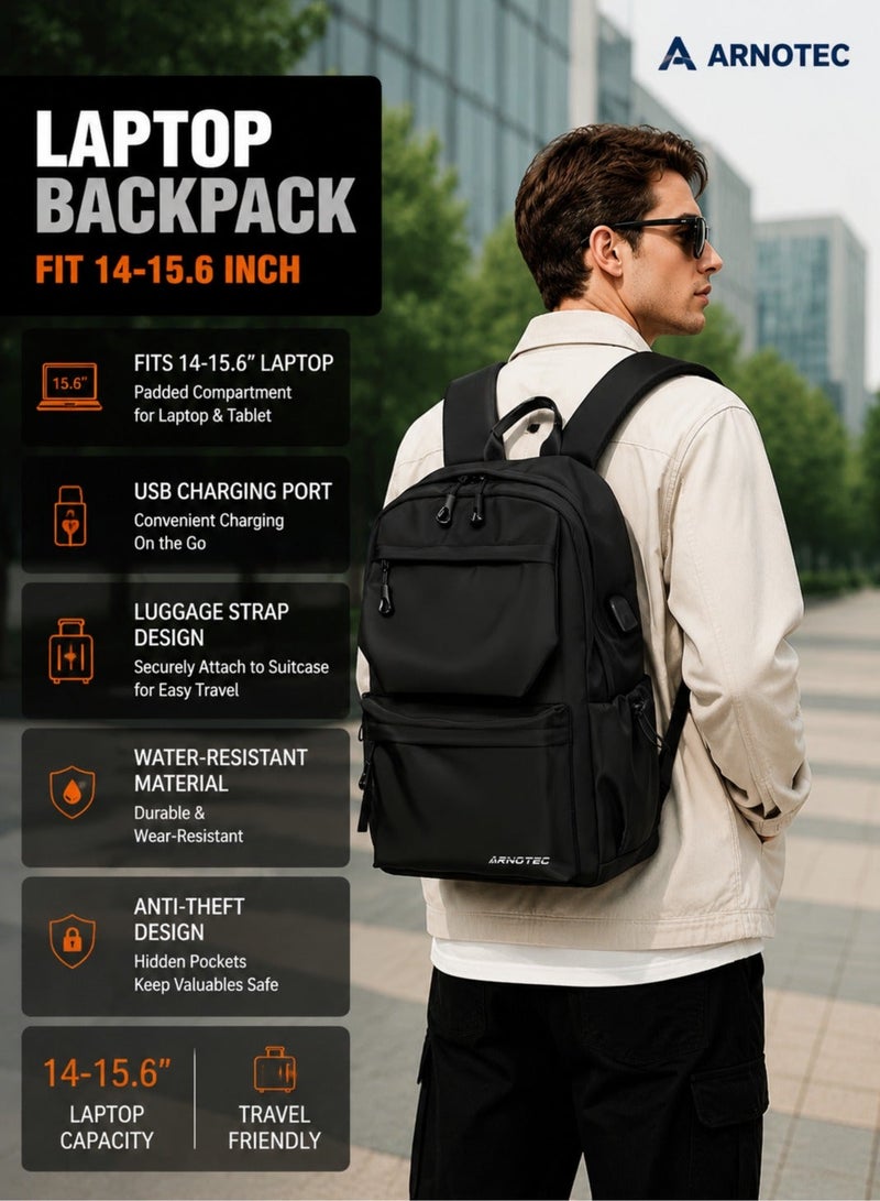 ARNOTEC 15.6" Laptop Backpack with USB Charging Port â€“ Lightweight Anti-Theft Travel Bag with Luggage Strap, Water-Resistant, Fits 14â€“15.6 Inch Laptop (Black) - Image 1
