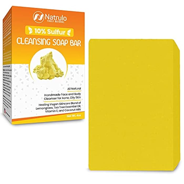 Natrulo 10% Sulfur Soap Cleansing Bar for Face & Body – All Natural Facial Cleanser for Acne, Oily Skin – Healing Skincare Blend of Lemongrass, Tea Tree Essential Oil, Vitamin E, Coconut Milk – Made in USA - Image 1