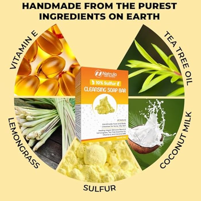 Natrulo 10% Sulfur Soap Cleansing Bar for Face & Body – All Natural Facial Cleanser for Acne, Oily Skin – Healing Skincare Blend of Lemongrass, Tea Tree Essential Oil, Vitamin E, Coconut Milk – Made in USA - Image 4