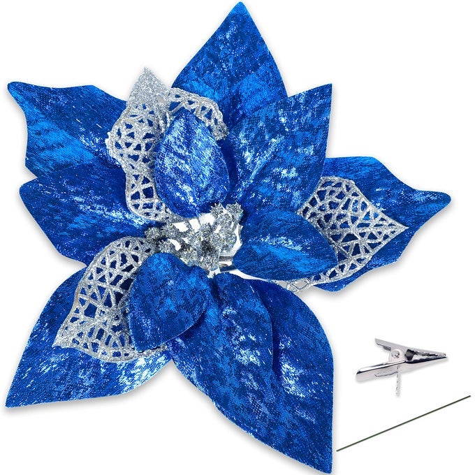 15PCS CHRISTMAS TREE DECORATIONS POINSETTIAS ARTIFICIAL FLOWERS ORNAMENTS LARGE SIZE 87 XMAS GLITTER FLOWER WITH CLIPS PLUS STEMSBLUE
