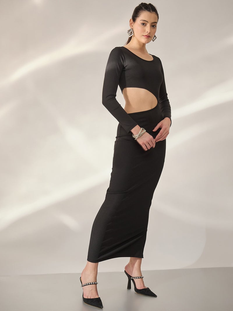 بانيت فستان ماكسي مضلّع لتقسيم الجسم (Bodycon) بتصميم فتحات (Cut-out) - أسود - Image 2