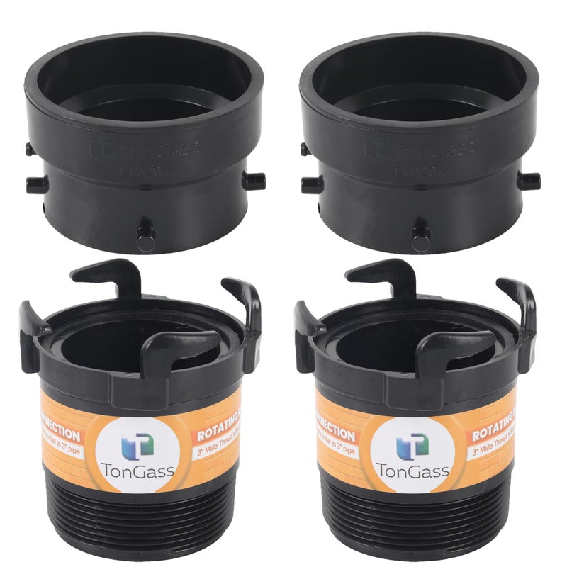 TonGass (2 x Combo Pack, Black) RV Sewer Pipe Adapter, 3" Rotating Rigid Bayonet Adapter with Male Thread & Hooks, Termination Fitting with 3" Bayonet & Hub, RV Sewer Hose Connector for Waste Disposal