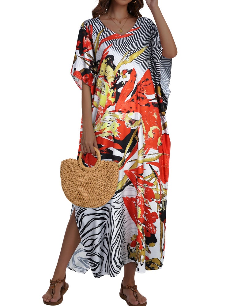 JILUVIN Kaftan Dresses for Women Plus Size V Neck Caftan Long Batwing Sleeve Swimsuit Cover Up Beach Swimwear (Saffron Stripe,One Size) - Image 3