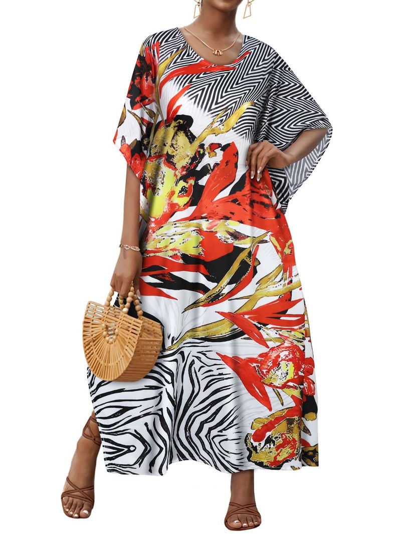 JILUVIN Kaftan Dresses for Women Plus Size V Neck Caftan Long Batwing Sleeve Swimsuit Cover Up Beach Swimwear (Saffron Stripe,One Size) - Image 1