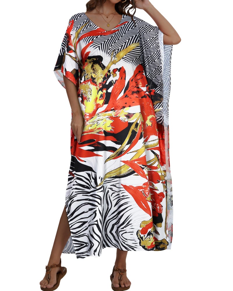 JILUVIN Kaftan Dresses for Women Plus Size V Neck Caftan Long Batwing Sleeve Swimsuit Cover Up Beach Swimwear (Saffron Stripe,One Size) - Image 2