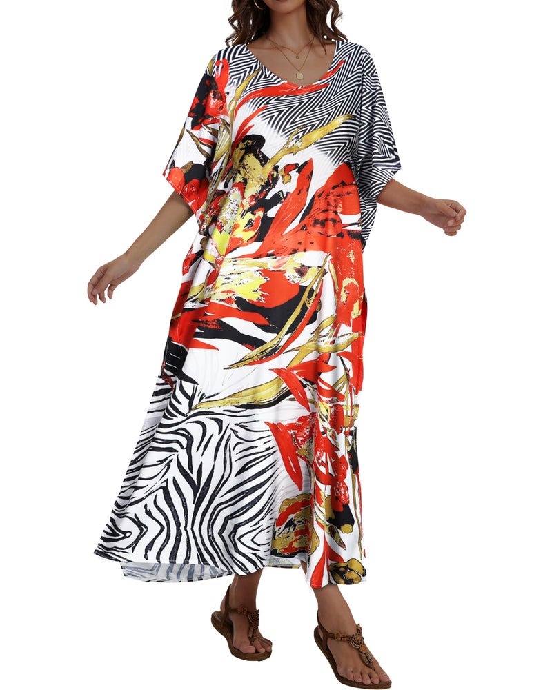 JILUVIN Kaftan Dresses for Women Plus Size V Neck Caftan Long Batwing Sleeve Swimsuit Cover Up Beach Swimwear (Saffron Stripe,One Size) - Image 4