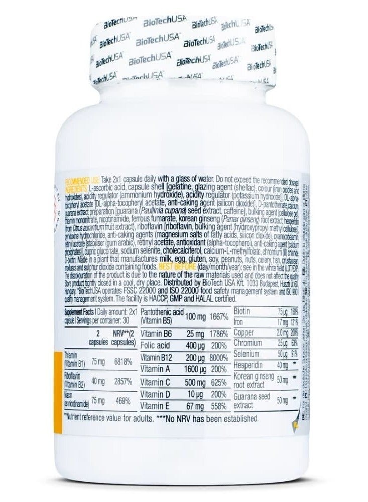 BioTechUSA B-Complex Multivitamin and Mineral Supplement 60 Capsules, 12 Vitamins, 4 Minerals, Ginseng, Guarana Seed Extract and Bioflavonoids, Gluten-Free and Lactose-Free Formula - Image 2