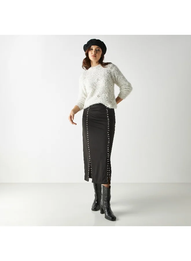 2Xtremz 2Xtremz Pearls Embellished Knit Sweater with Crew Neck and Long Sleeves