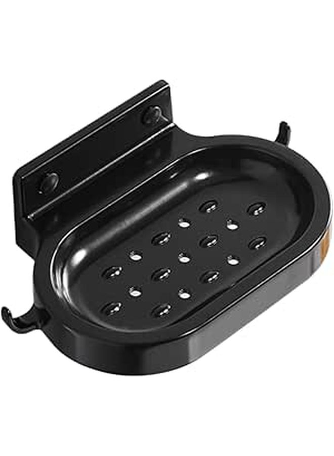 Black Space Aluminum Self Adhesive Soap Holder With Double Hooks And Drainage Shelf - Image 1