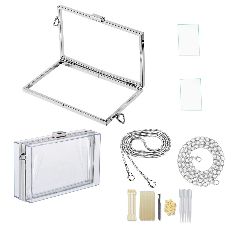 GDDP Resin Purse Mold Metal Bag Frame Rectangular Shaker Clutch Frames for Resin Bag Frame Creat Your Unique Handbag with 2 Chain 26 pcs Tools Silver