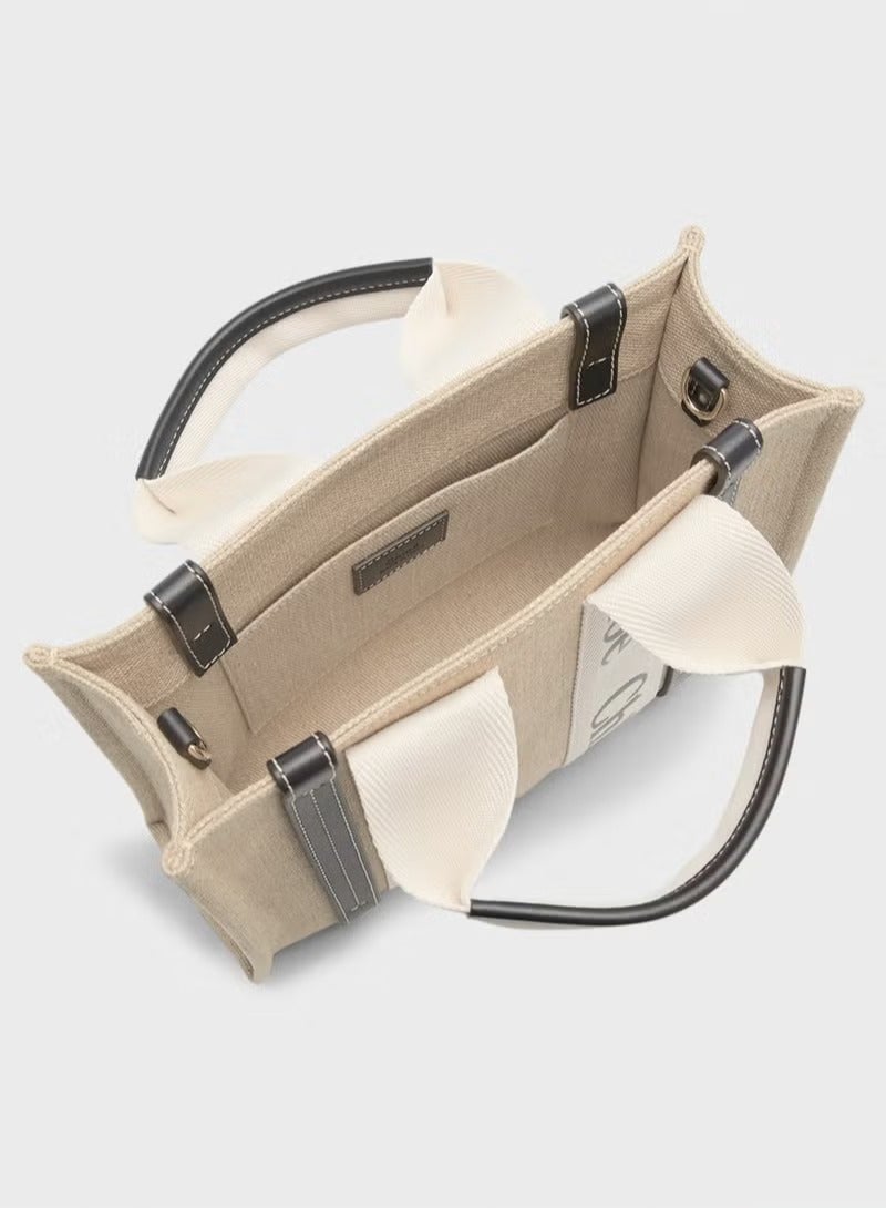 Chloe Woody Small Women Tote Bag in Linen, Women Shoulder Bag, Women Hand Bag, Women's Travel Bag, Women's Shopping Bag, White-Black - Image 5