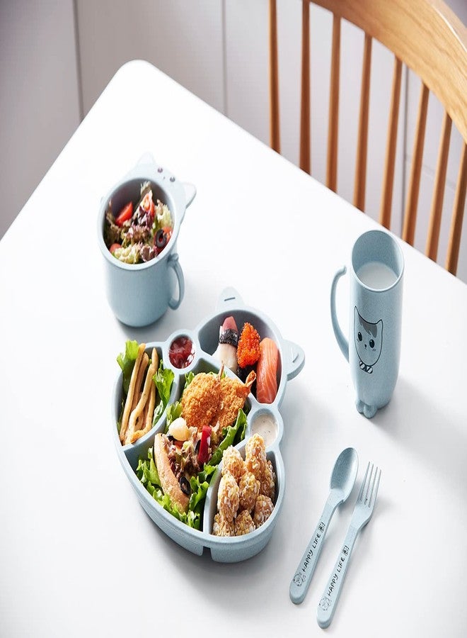 MEZON صينية عشاء مقسمة من قش القمح من ميزون، طقم عشاء غير قابل للكسر للأطفال، أطباق عشاء مع وعاء، كوب، شوكة، ملعقة، عيدان طعام، طقم أدوات مائدة، طقم عشاء للأطفال (أزرق) - Image 3