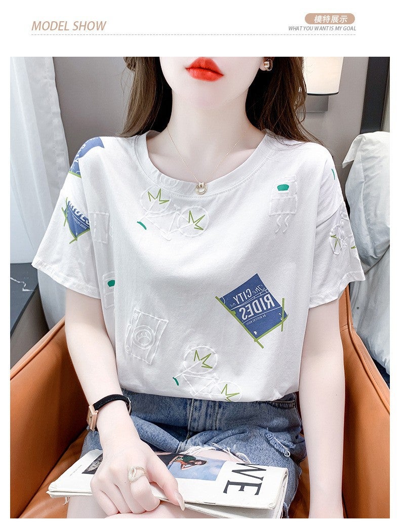 Plus Size Women'S Printed Women'S T-Shirt Short-Sleeved Korean Style 2025 Arrival Foaming Floral Loose All-Match Top - Image 1