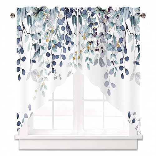 AYTTBIS Dark Blue Eucalyptus Swag Curtain Valance for WindowsWatercolor Leaves Window Treatments Short Swag Topper for Kitchen Windows Bathroom Bedroom28 x 36 Inch 1 Pair - Image 1