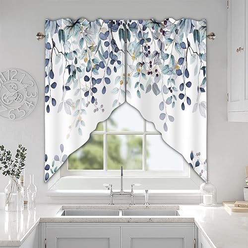 AYTTBIS Dark Blue Eucalyptus Swag Curtain Valance for WindowsWatercolor Leaves Window Treatments Short Swag Topper for Kitchen Windows Bathroom Bedroom28 x 36 Inch 1 Pair - Image 3