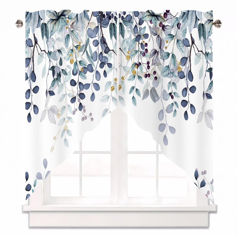 AYTTBIS Dark Blue Eucalyptus Swag Curtain Valance for WindowsWatercolor Leaves Window Treatments Short Swag Topper for Kitchen Windows Bathroom Bedroom28 x 36 Inch 1 Pair - Image 2