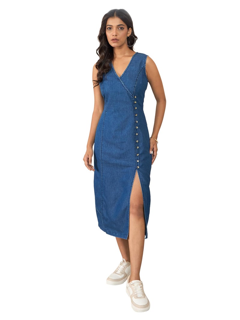 StyleStone Women's Denim Dress with Side Button and Slit (4241BluSideBtnJudeXXL) Blue - Image 1