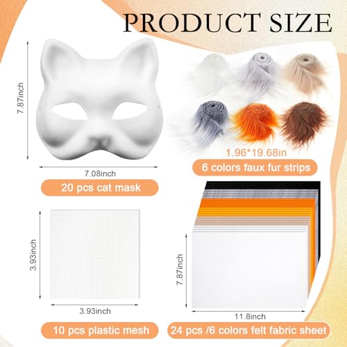Seenelling 60 Pcs DIY Therian Mask Kit Blank Cat Mask with Felt Fabric Sheet Plush Faux Fur Eye Mesh for Therian Gear Stuff Orange and Black - Image 5