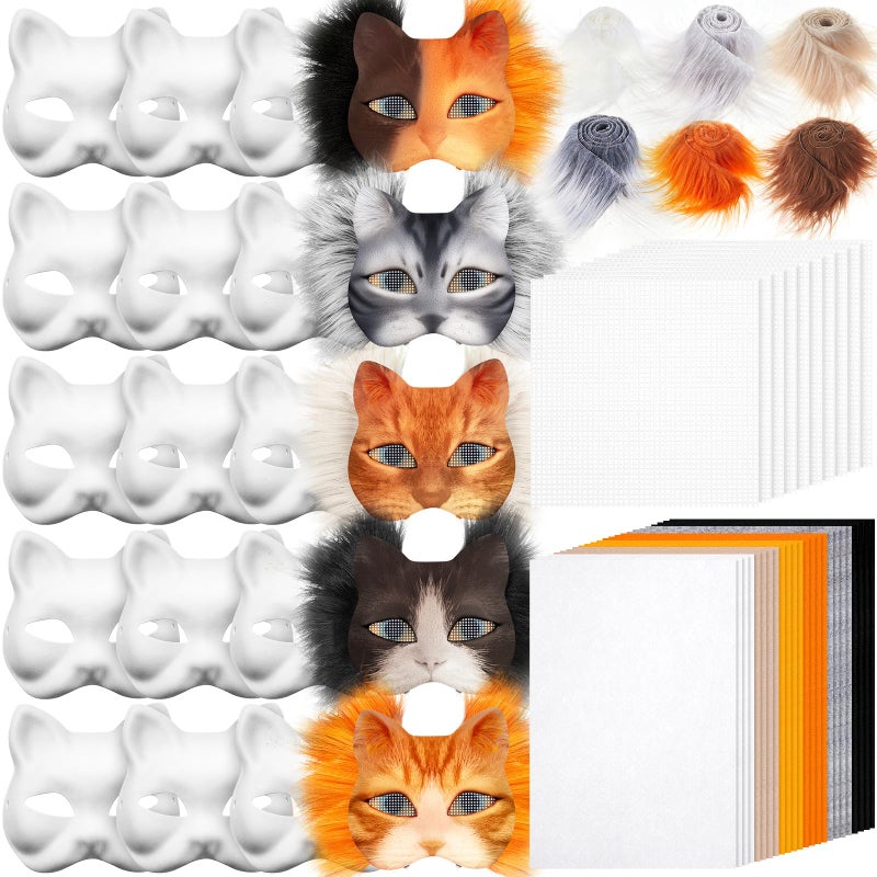 Seenelling 60 Pcs DIY Therian Mask Kit Blank Cat Mask with Felt Fabric Sheet Plush Faux Fur Eye Mesh for Therian Gear Stuff Orange and Black - Image 2