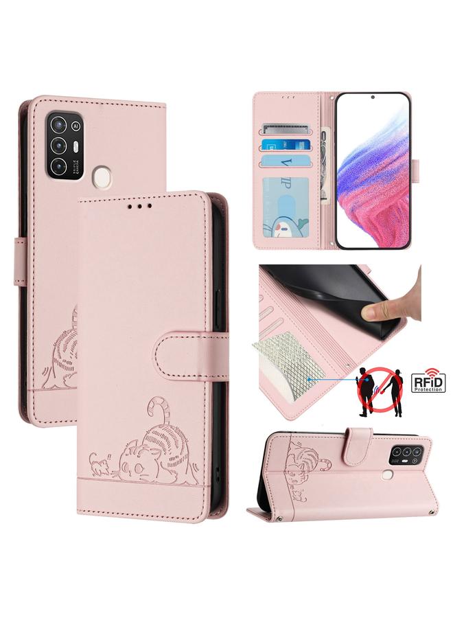 Case For ZTE Blade A52 Cat Rat Embossed Pattern RFID Leather Phone Case with Lanyard