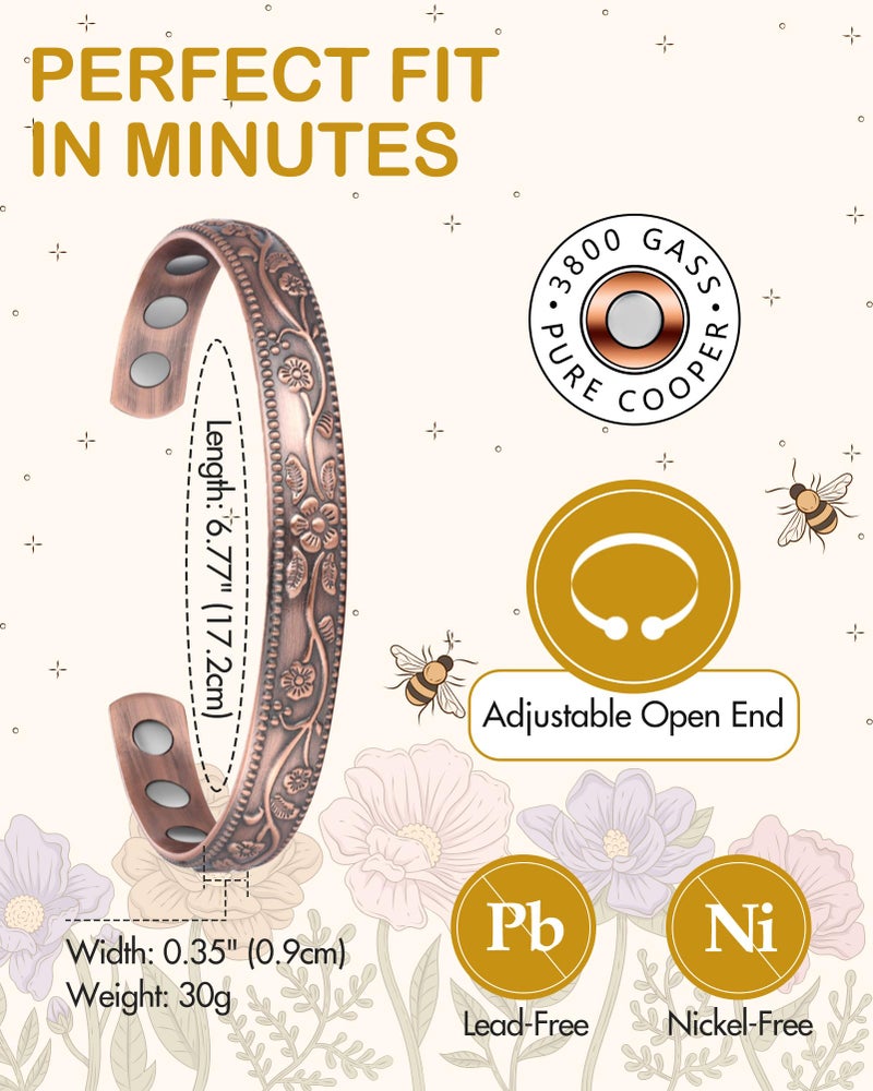 Feraco 99.99% Pure Copper Bracelet for Women, 11X Ultra Strength Magnetic Copper Cuff Bangle with 3500 Gauss Neodymium Magnets, Adjustable Vintage Flower Collection - Image 5