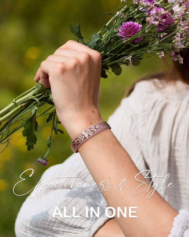 Feraco 99.99% Pure Copper Bracelet for Women, 11X Ultra Strength Magnetic Copper Cuff Bangle with 3500 Gauss Neodymium Magnets, Adjustable Vintage Flower Collection - Image 4