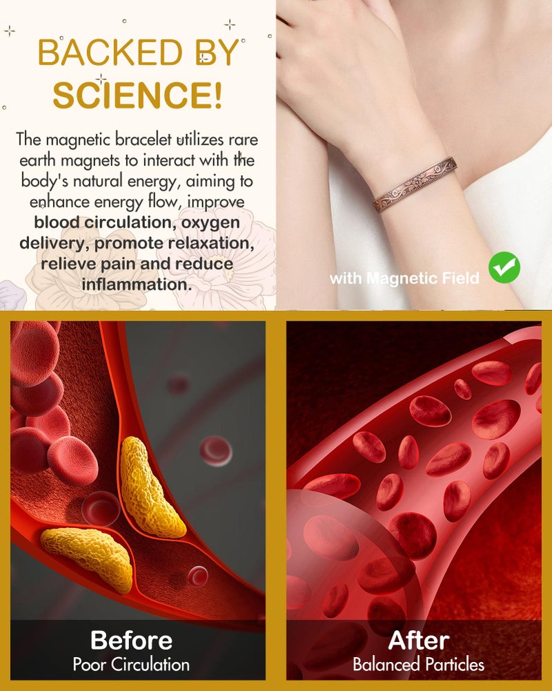 Feraco 99.99% Pure Copper Bracelet for Women, 11X Ultra Strength Magnetic Copper Cuff Bangle with 3500 Gauss Neodymium Magnets, Adjustable Vintage Flower Collection - Image 2