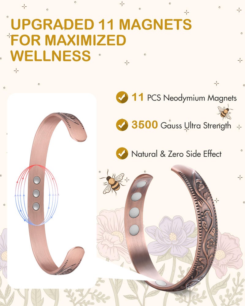 Feraco 99.99% Pure Copper Bracelet for Women, 11X Ultra Strength Magnetic Copper Cuff Bangle with 3500 Gauss Neodymium Magnets, Adjustable Vintage Flower Collection - Image 3