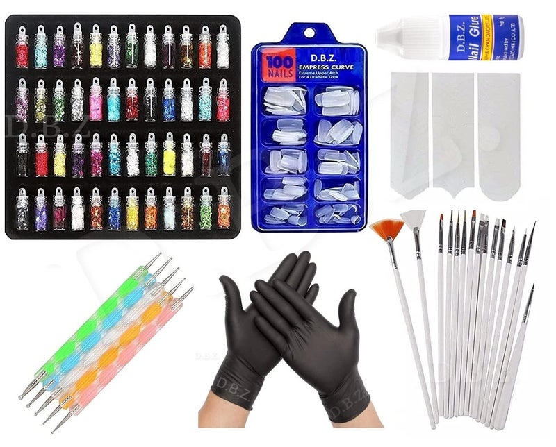 DBZ DBZ Nail Art Kit  48 Pcs Glass Bottles Glitter Stones Sparkling 100 Nails 15 Nail Art brush 5 Nail Dotting Pen 1 Glue 1 Pc Tip Guide Sticker And 1 Pair Black Gloves care For Home And Saloon Use - Image 1