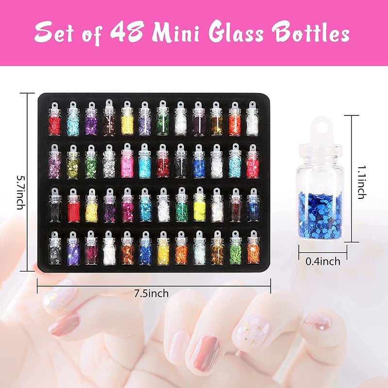 DBZ DBZ Nail Art Kit  48 Pcs Glass Bottles Glitter Stones Sparkling 100 Nails 15 Nail Art brush 5 Nail Dotting Pen 1 Glue 1 Pc Tip Guide Sticker And 1 Pair Black Gloves care For Home And Saloon Use - Image 5