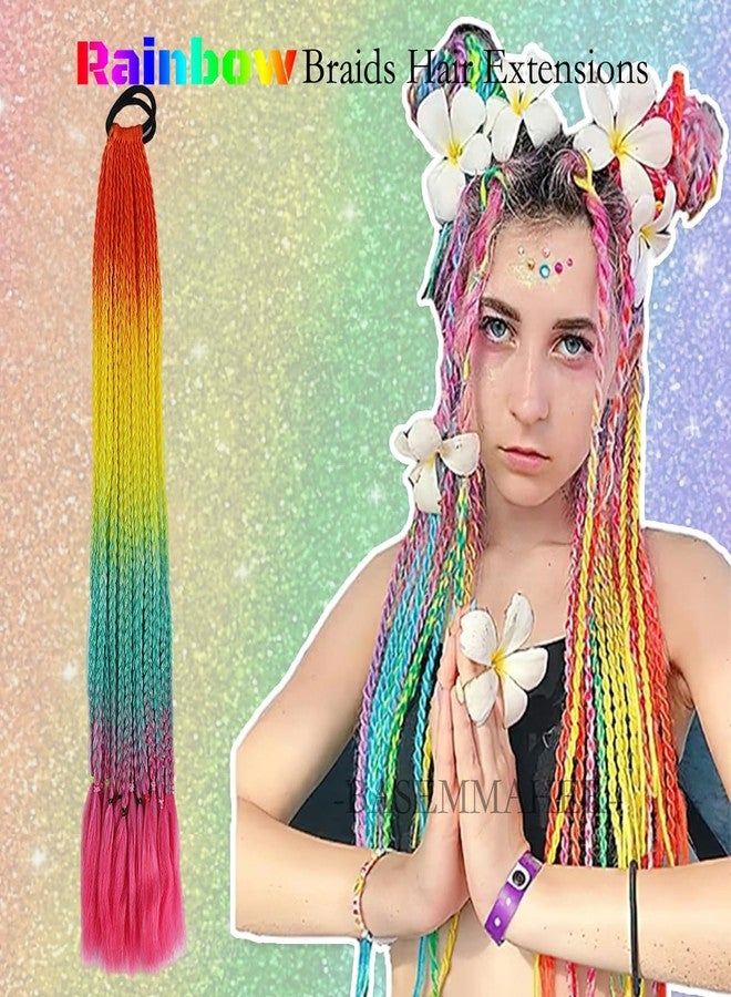 بيسماهير وصلات شعر ذيل حصان بألوان قوس قزح للفتيات، شعر مستعار ذيل حصان مضفر ملون مع أربطة مطاطية، قطع شعر صناعية مضفرة، إكسسوارات شعر للنساء، ألوان قوس قزح، مهرجانات، حفلات، يوم الشعر المجنون - Image 3