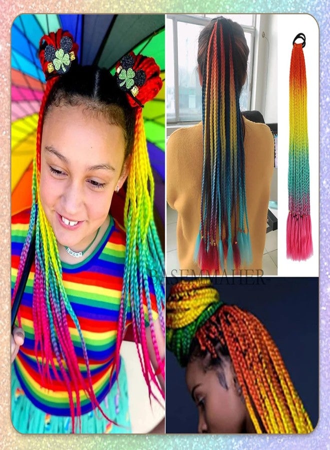 بيسماهير وصلات شعر ذيل حصان بألوان قوس قزح للفتيات، شعر مستعار ذيل حصان مضفر ملون مع أربطة مطاطية، قطع شعر صناعية مضفرة، إكسسوارات شعر للنساء، ألوان قوس قزح، مهرجانات، حفلات، يوم الشعر المجنون - Image 5