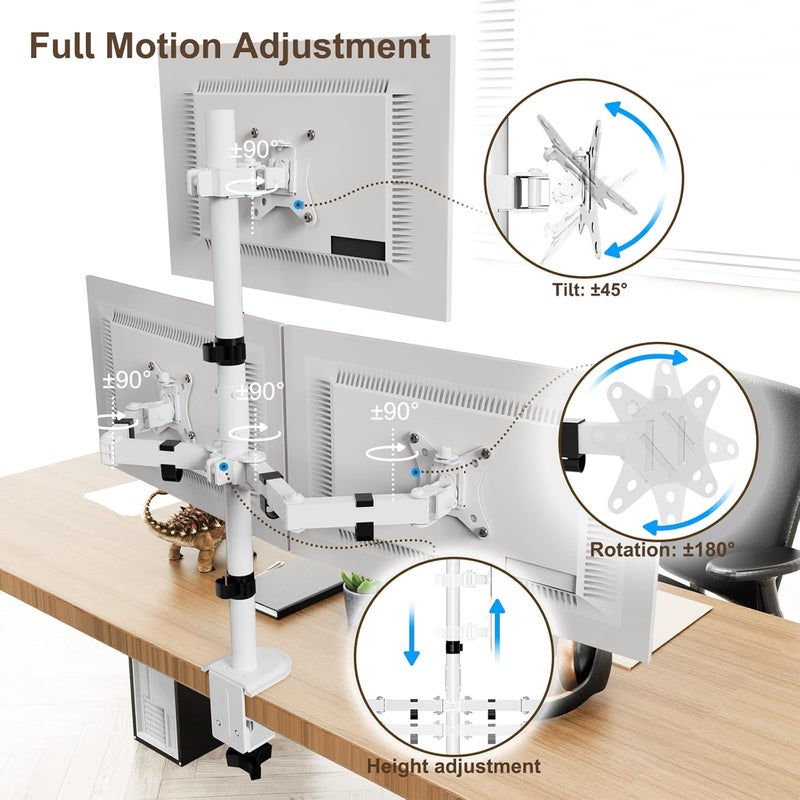 PUTORSEN Triple Monitor Arm, 30.5 inch Tall pole Triple Monitor Stand for Max 3 x 32" Screens, Support Max 9 KG Per Screen, Clamp/Grommet, VESA 75x75/100x100, White - Image 5