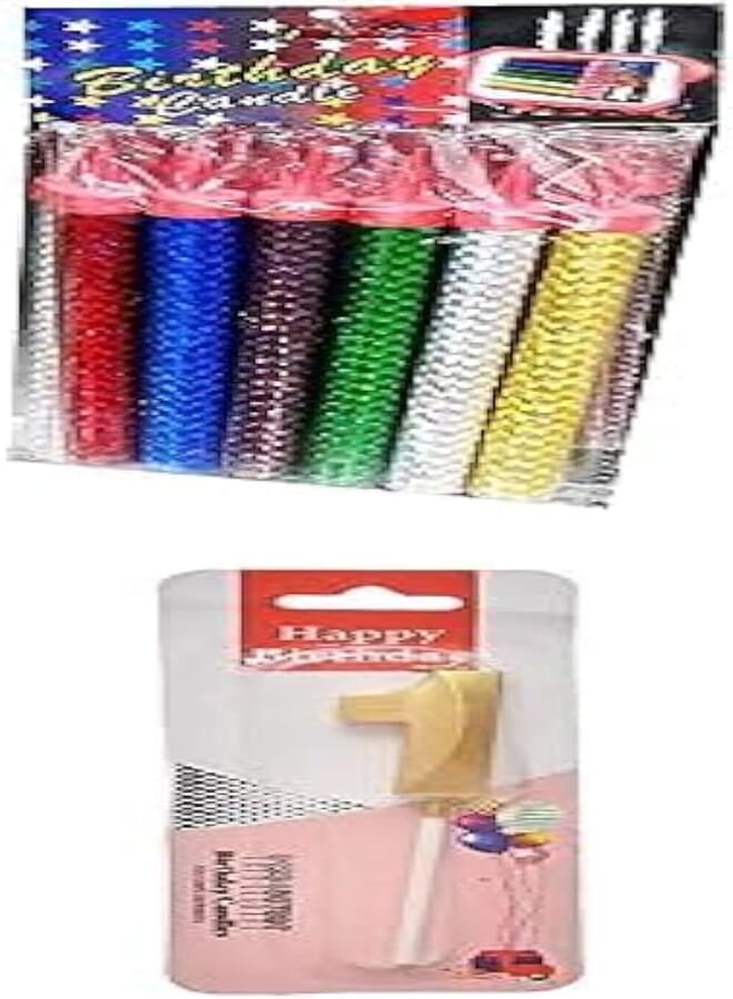Sparkles candles for party decoration and supplies 20 cm + Small birthday glitter candle with number 1 design for cake decoration - gold
