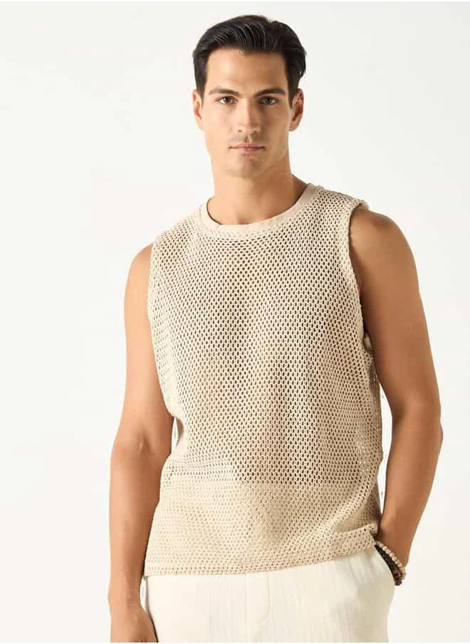 Iconic Iconic Textured Sleeveless T-shirt with Crew Neck