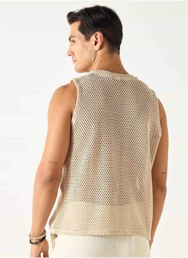Iconic Iconic Textured Sleeveless T-shirt with Crew Neck  - Image 3