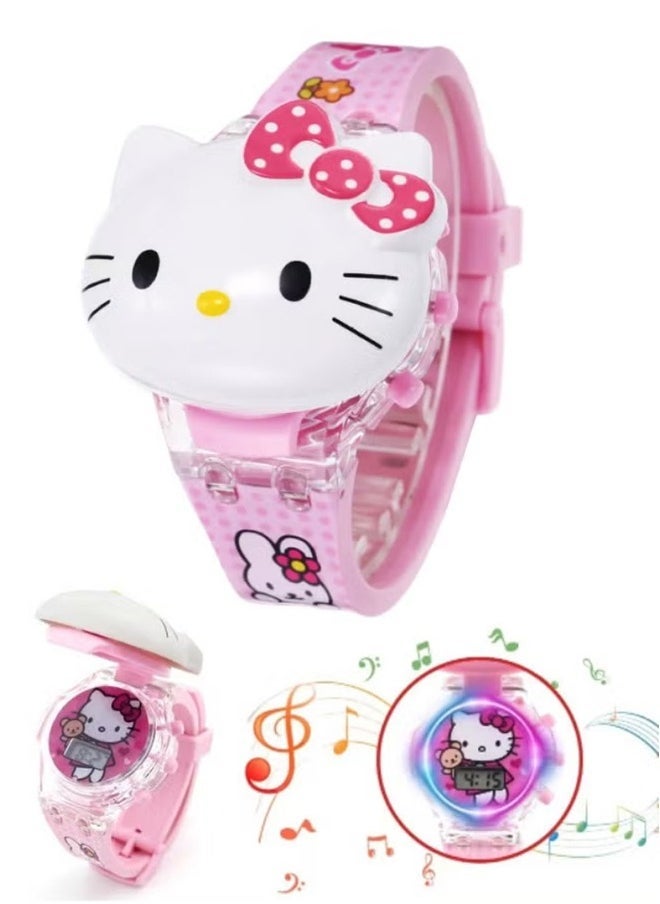 Hello Kitty Cartoon Children's Watch, Children's Watch Toy with Light Effect, Kids Electronic Watch with Music, Flip-top Cartoon Watch for Kids  - Image 1
