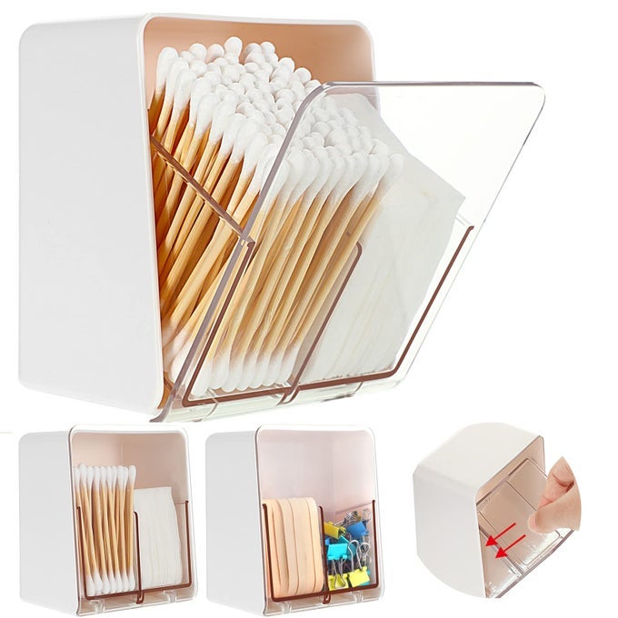 2 PCS COTTON BALL HOLDER CANISTERS FOR COTTON SWABPADBALL FLOSS DISPENSER CONTAINER BOX WITH 2 COMPARTMENTS BATHROOM STORAGE ORGANIZER WITH CLEAR LID FOR ROUND PADS MAKEUP WHITE