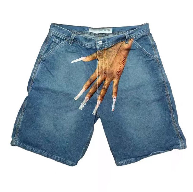 Cross-border Summer New European and American Hip-hop Funny One-hand Pattern Printed Denim Shorts Mens High Street Fashion Casual D29 Light Blue 